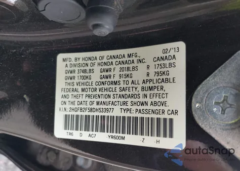 2013 Honda Civic Lx from USA, damaged, VIN 2HGFB2F58DH533977